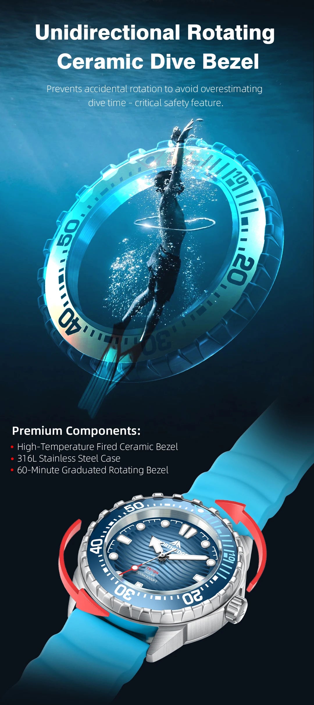 NORTH EDGE New TRITON Solar Powered Dive Watch Men Luxury Quartz Watches For Men 316L Stainless Steel Case Waterproof 300M