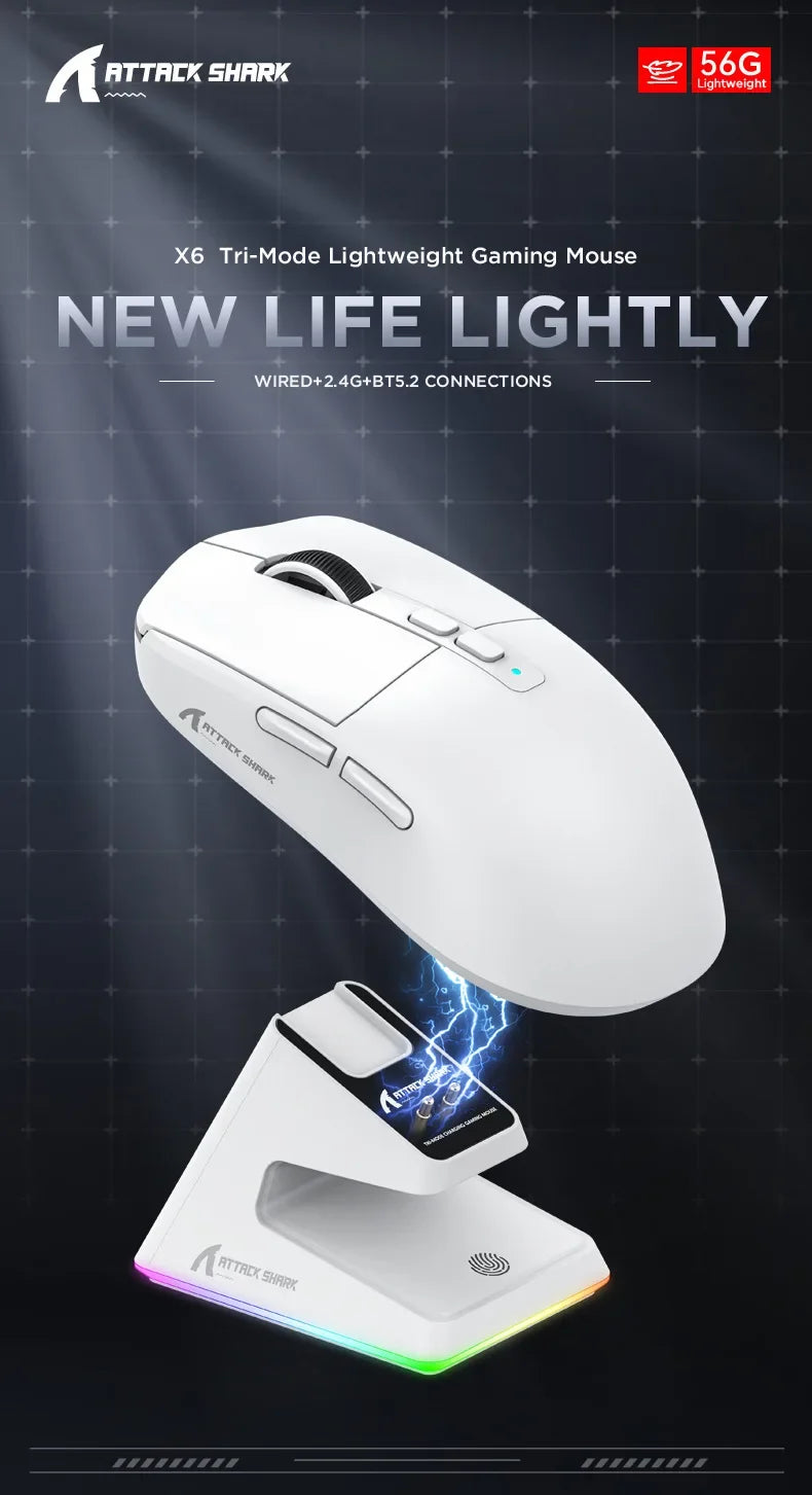 Attack Shark X6 Wireless Ergonomic Gaming Mouse, Tri-Mode Bluetooth, 2.4G & Wired Gaming Mouse, 26000 DPI Rechargeable RGB Gaming Mouse