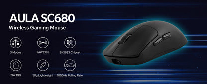 AULA SC680 Wireless Gaming Mouse, Tri-Mode Bluetooth 5.0/2.4G/Wired Gaming Mouse with PAW3395 Sensor, 26000 DPI Super Lightweight Gaming Mouse for PC, Mac & Laptop
