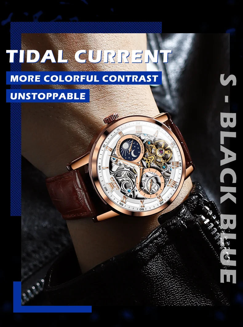 OLEVS Top Brand Men's Skeleton Mechanical Watch Waterproof Leather Strap Men Moon Phase Automatic Tourbillon Wristwatch for Men