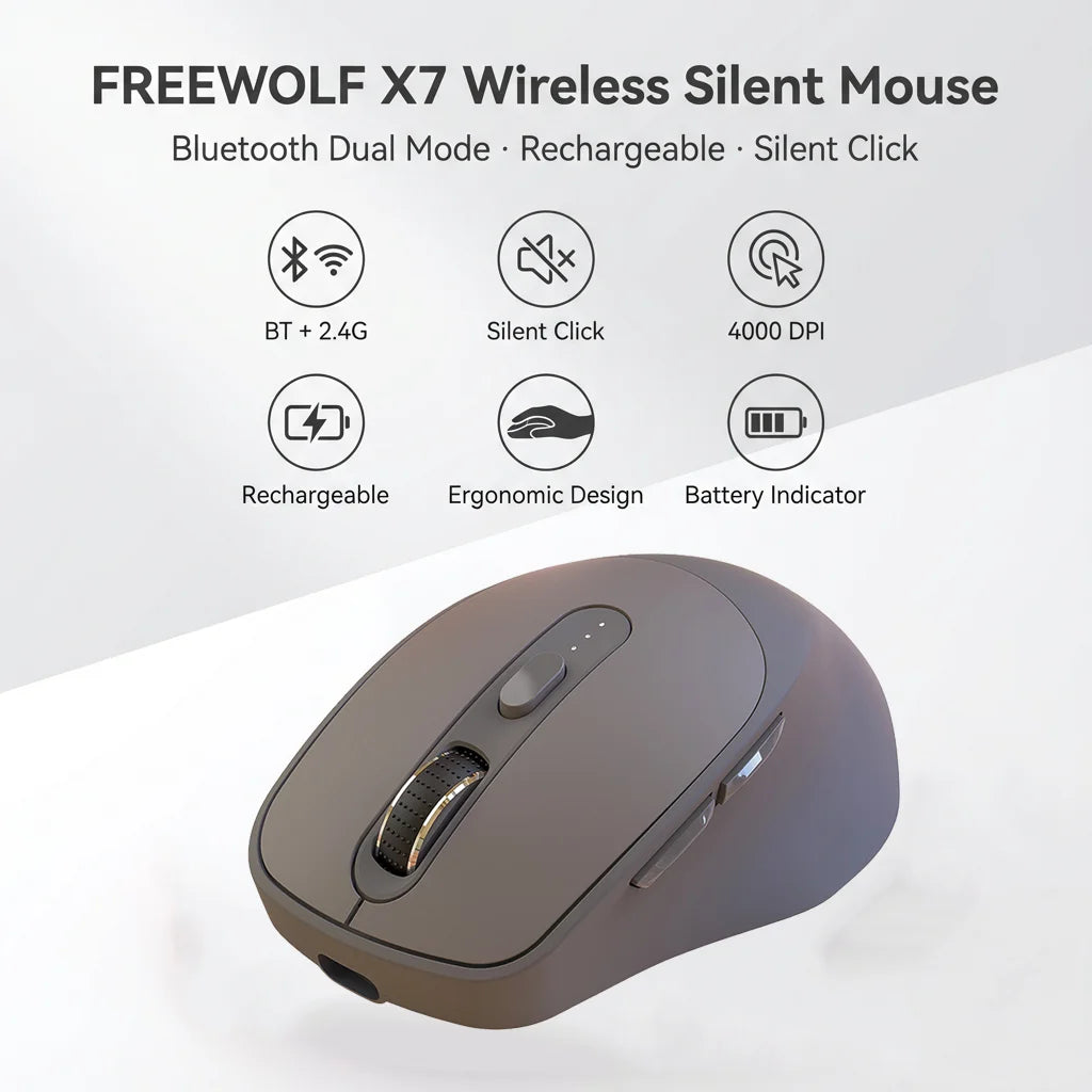 FREEWOLF X7 Wireless Mouse Bluetooth 2.4G Dual Mode Rechargeable Silent Ergonomic Mouse, 4000DPI Adjustable Precision Mouse for PC Laptop Mac