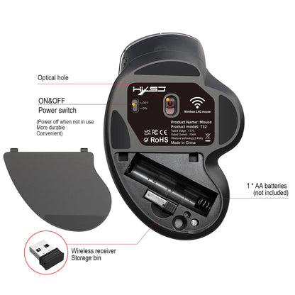 HXSJ T32 2.4G Wireless Ergonomic Vertical Mouse, 4800 DPI Wireless Gaming Mouse with Side Metal Roller, USB Ergonomic Mouse for PC, Laptop & Office