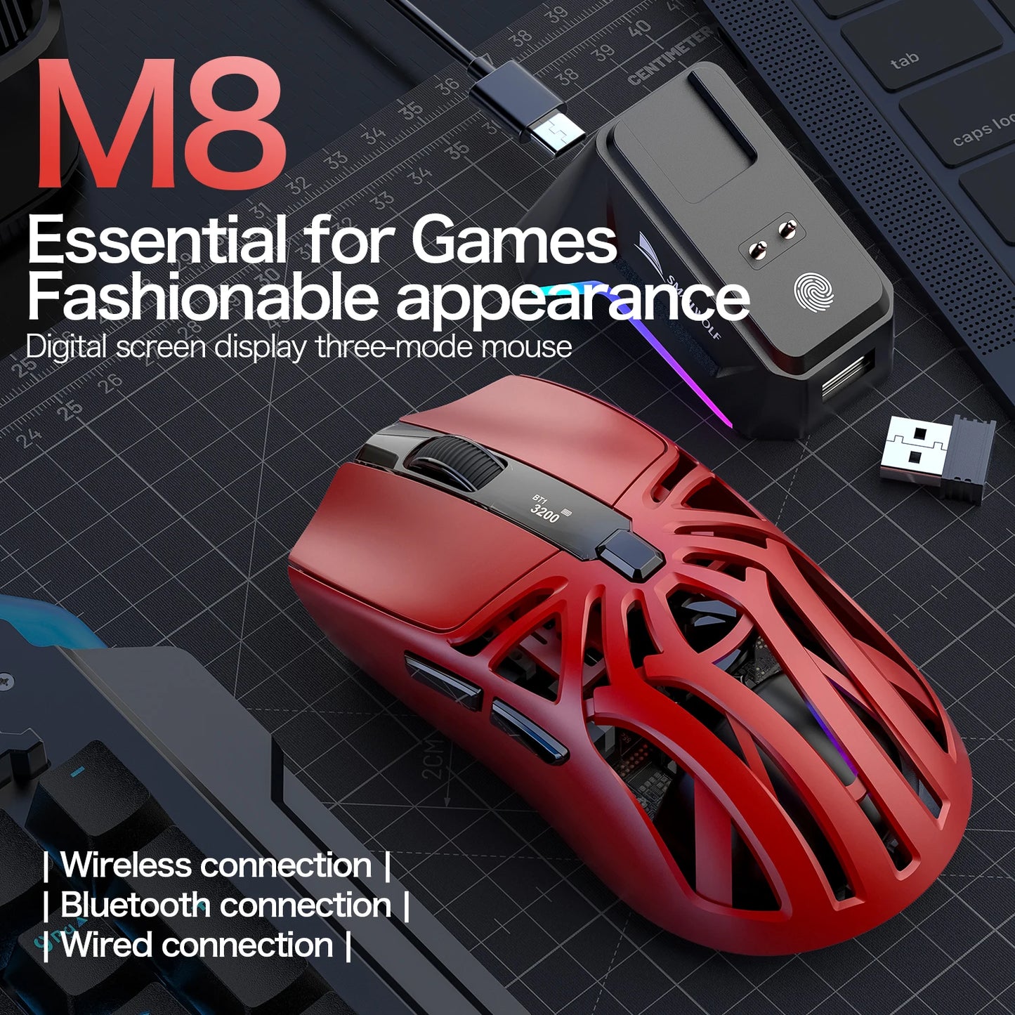 SMAILWOLF M8 Wireless Bluetooth Tri-Mode Gaming Mouse, 12000 DPI Lightweight RGB Gaming Mouse with PAW3311 Sensor, Magnetic Charging Dock
