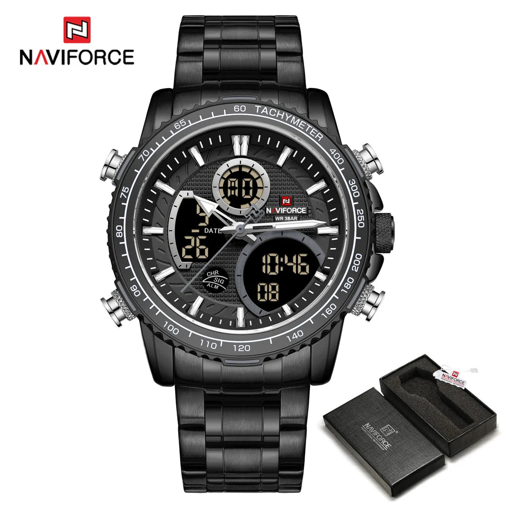 Relógio desportivo para homem NAVIFORCE – Relógio de pulso de luxo original em aço inoxidável, modelo militar estanque com duplo visor