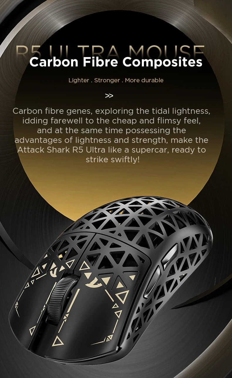 ATTACK SHARK R5 Ultra Carbon Fiber Wireless Gaming Mouse, 42g Lightweight Gaming Mouse, PAW3950MAX Sensor, 42000 DPI, 8000Hz, Tri-Mode Connectivity