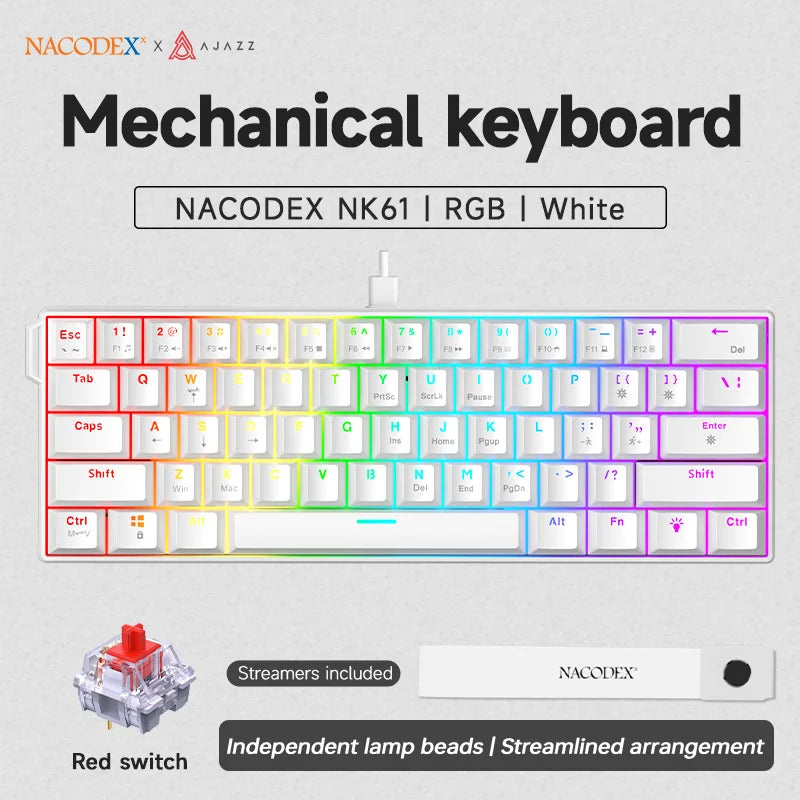 AJAZZ NK61 kabelgebundene mechanische Gaming-Tastatur 60% RGB Hot-Swappable 61 Tasten Red Switch Mini-Tastatur für Gamer-PC