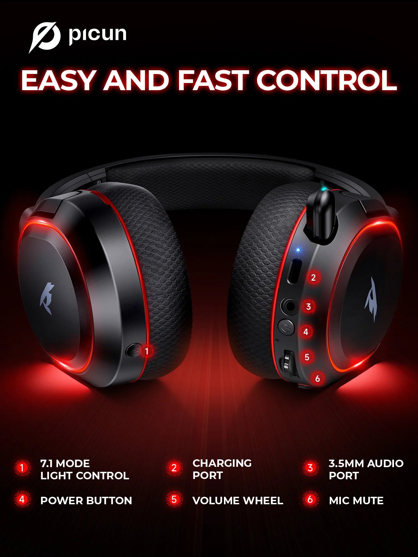 Picun G2 Wireless Gaming Headset Bluetooth 5.3 – 7.1 Surround Sound, ENC Microphone, 100H Battery, Low Latency Headphones for PC, PS5, PS4, Switch & Mobile