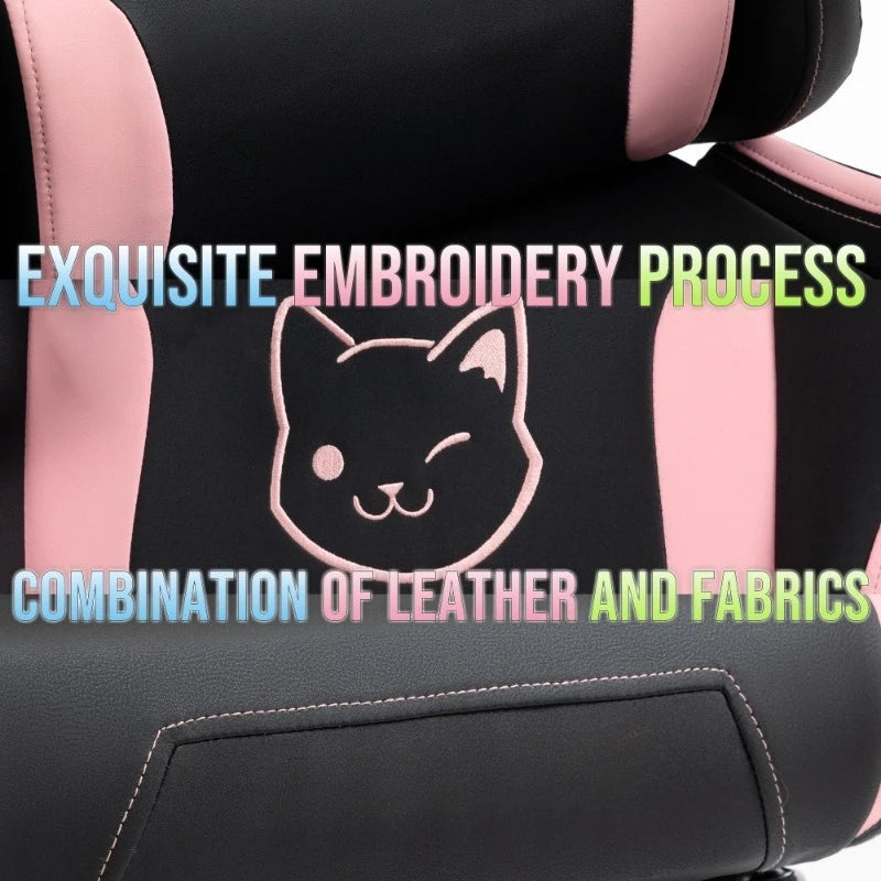 Uroczy fotel gamingowy z kocimi uszami i podnóżkiem, różowy fotel komputerowy kawaii, ergonomiczne siedzisko dla gracza z wysokim oparciem i podparciem lędźwiowym w kształcie kociej łapki