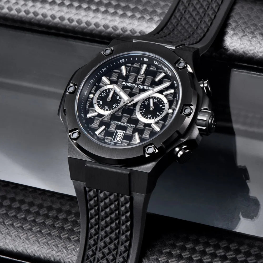 PAGANI DESIGN PD-YS032 Men's Quartz Watch 44mm Japan VK64 Movt Stainless Steel Case Rubber Strap Sapphire Glass 100M Waterproof