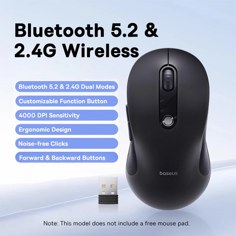 Baseus Wireless Mouse Bluetooth 5.3 Ergonomic Silent Mouse, 2.4GHz Rechargeable Office Mouse with 7 Buttons, Adjustable DPI for Laptop, MacBook, PC & Tablet