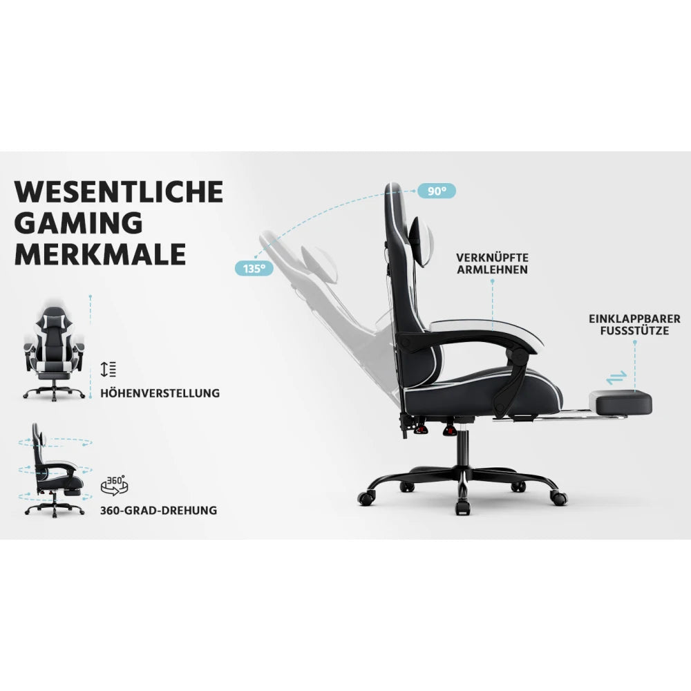 Ergonomic Gaming Chair with Lumbar Support, Comfortable PU Leather Computer Chair, Adjustable Office Gaming Chair with Breathable Design