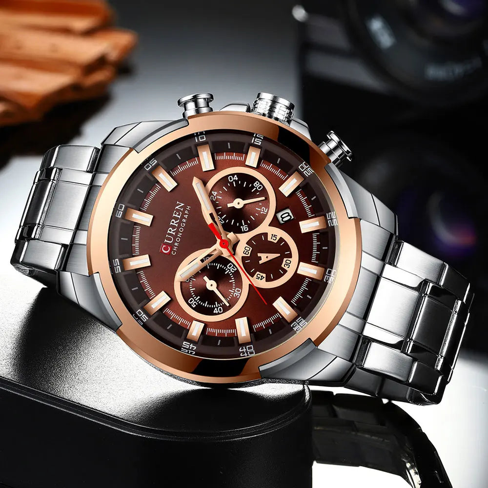 Pánské chronografové hodinky CURREN, velký ciferník o průměru 48 mm, náramek z nerezové oceli, tři pomocné ciferníky, sportovní náramkové hodinky s quartzovým strojkem, luxusní styl