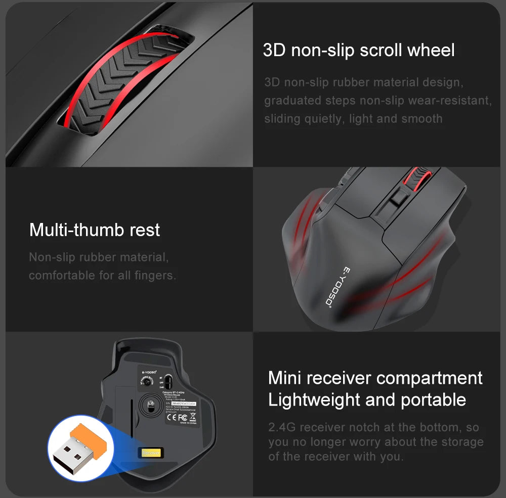 E-YOOSO X-31 Pro USB-gamingmus, stor, med Bluetooth-stöd, 2.4G trådlös, PAW3212, 4800 DPI, för gamers, dator, laptop och PC
