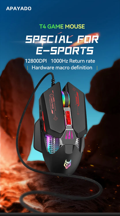 APAYADO T4 Wired Gaming Mouse 12800 DPI RGB Gaming Mouse with 1000Hz Polling Rate, Ultra-Light Cable, 60IPS Precision Mouse for PC & Laptop
