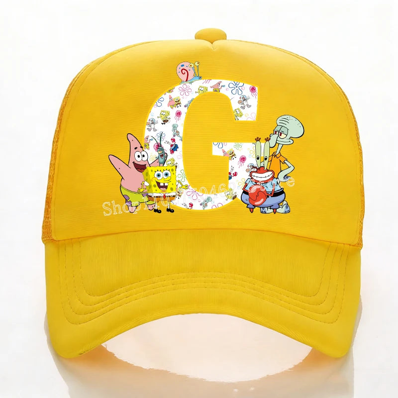 SpongeBobs Baseball Cap Kids Adult Summer Outdoor Sports Sun Hat Child Cute Letter A-Z Sunbonnet Breathable Mesh Headgear Gift