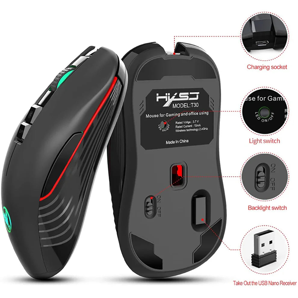 Rechargeable 2.4G USB-C Wireless Gaming Mouse, 3600 DPI Ergonomic Silent Wireless Mouse with 7 Buttons for MacBook, Laptop & PC