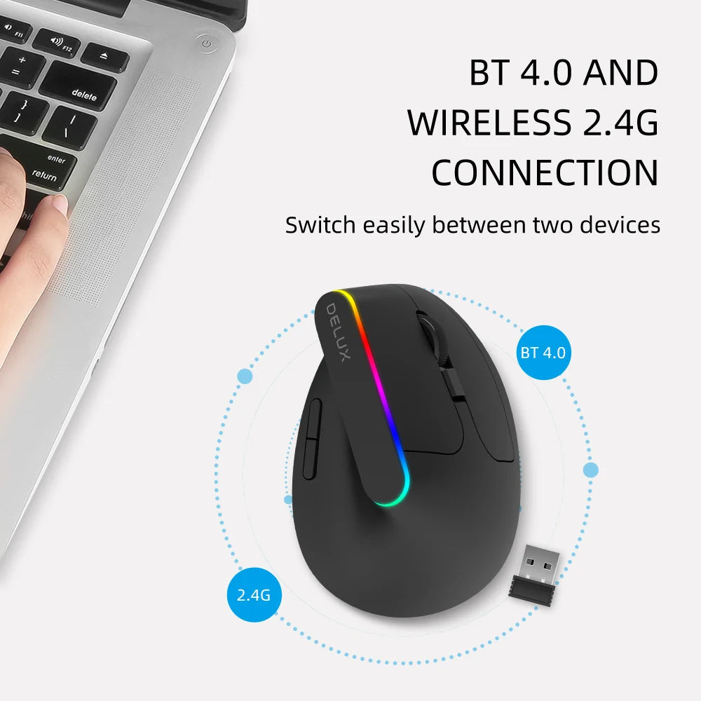 Delux Ergonomic Vertical Mouse Rechargeable Wireless Bluetooth RGB Mouse, 4000 DPI Silent Ergonomic Vertical Mouse for Laptop, PC & Gaming
