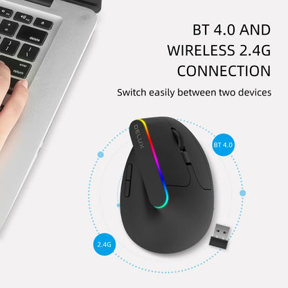 Delux Ergonomic Vertical Mouse Rechargeable Wireless Bluetooth RGB Mouse, 4000 DPI Silent Ergonomic Vertical Mouse for Laptop, PC & Gaming