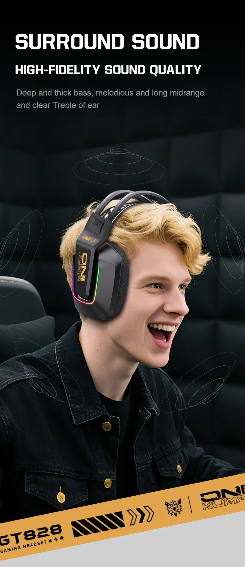 ONIKUMA GT828 Wireless Gaming Headset Bluetooth 5.3 RGB Headphones with Mic, Noise Cancelling, 4-Mode Connection for PC, PS5 & Laptop