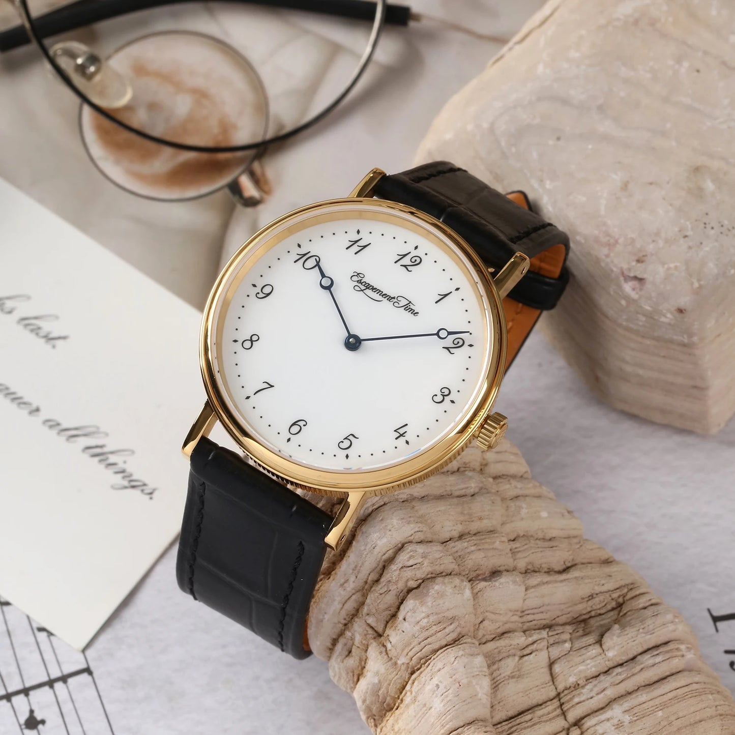 【Escapement Time】Quartz Movement Watch 38.5mm Case Enamel White Waterproof 50M Blue Heat Treatment Hand