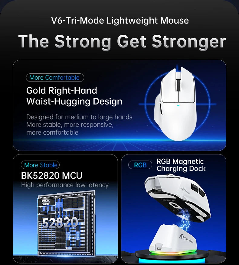 ATTACK SHARK V6 Wireless Gaming Mouse, Superlight RGB Gaming Mouse with Magnetic Charging Dock, PAW3311 Sensor, Tri-Mode Bluetooth Gaming Mouse