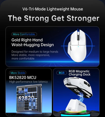 ATTACK SHARK V6 Wireless Gaming Mouse, Superlight RGB Gaming Mouse with Magnetic Charging Dock, PAW3311 Sensor, Tri-Mode Bluetooth Gaming Mouse