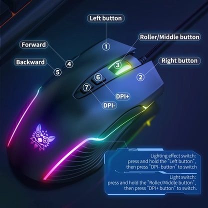 ONIKUMA káblová herná myš, 6 nastaviteľných úrovní, 6400 DPI, 7 programovateľných tlačidiel, 7 režimov RGB osvetlenia, ergonomická myš pre PC hráčov