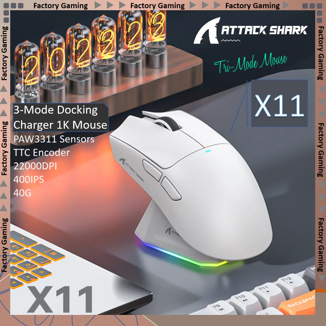 ATTACK SHARK X11 Tri-Mode Wireless Gaming Mouse 22000DPI PAW3311 Sensor Lightweight RGB Mouse with Fast Charging for PC Gaming