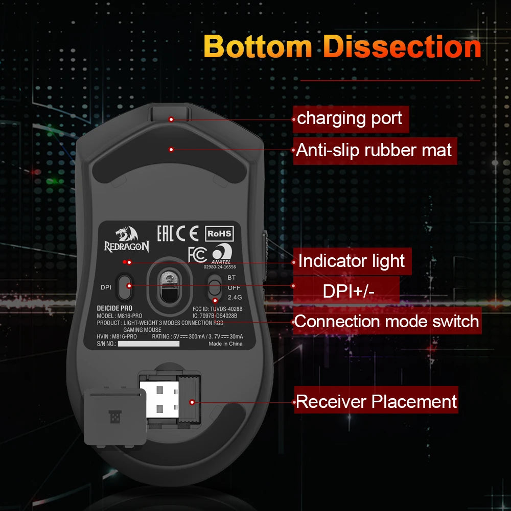 REDRAGON DEICIDE M816 PRO RGB USB Bluetooth-tuki 2.4G Langaton pelihiiri 26000 DPI 6 painiketta pelaajalle Langalliset hiiret tietokoneelle
