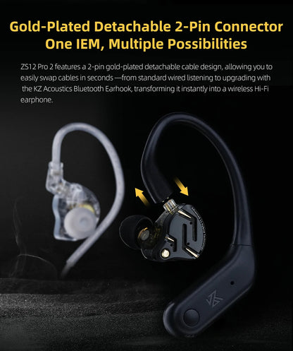 Auriculares intraaurales híbridos KZ ZS12 PRO 2 – Auriculares gaming con cable, graves HiFi y drivers superlineales
