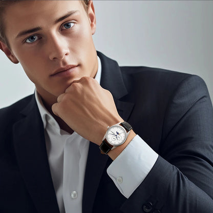 BERNY Men Watch Date Weeks Moon Phase Quartz Watches for Men Stainless Steel Leather Strap Business Wristwatch Male Clock