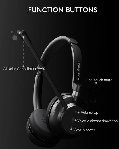 Rownfusny Wireless Headset with Mic for Work Bluetooth Over Ear Headphones USB Dongle for Computer/Remote Work/Call Center