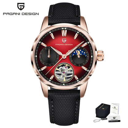 PAGANI DESIGN – Relógio mecânico de luxo para homem, 41 mm, vidro de safira, bracelete em pele, estanque, estilo piloto, com turbilhão e fase lunar