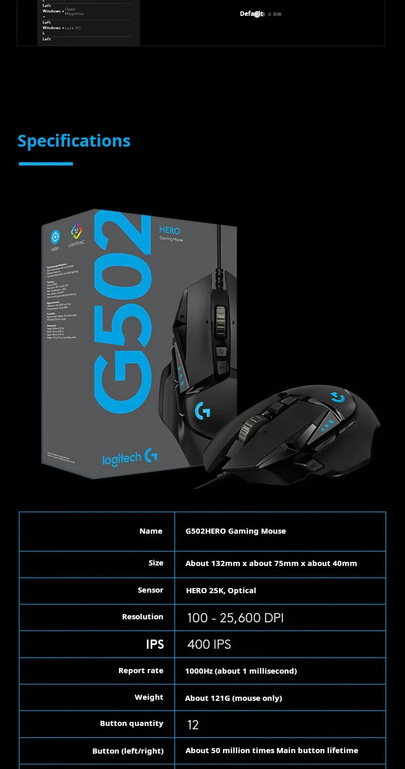Logitech G502 HERO Gaming Mouse – Wired Gaming Mouse with HERO 25K Sensor, 25,600 DPI, 11 Programmable Buttons, RGB & Adjustable Weights