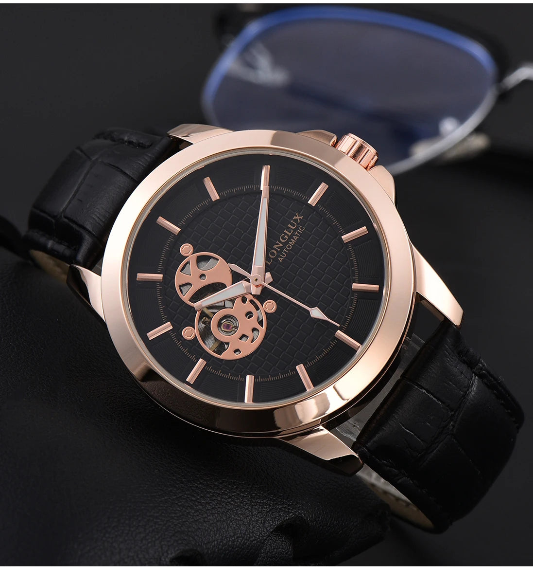 Automatic Watch Minimalist Elegant Everyday Skeleton Waterproof Mechanical Watches Rose Gold Leather Mens Watch Men Gift for Him