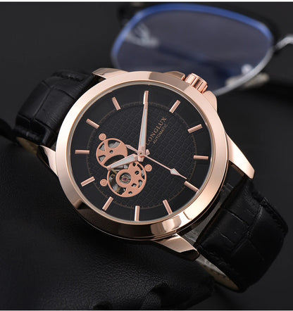 Automatic Watch Minimalist Elegant Everyday Skeleton Waterproof Mechanical Watches Rose Gold Leather Mens Watch Men Gift for Him