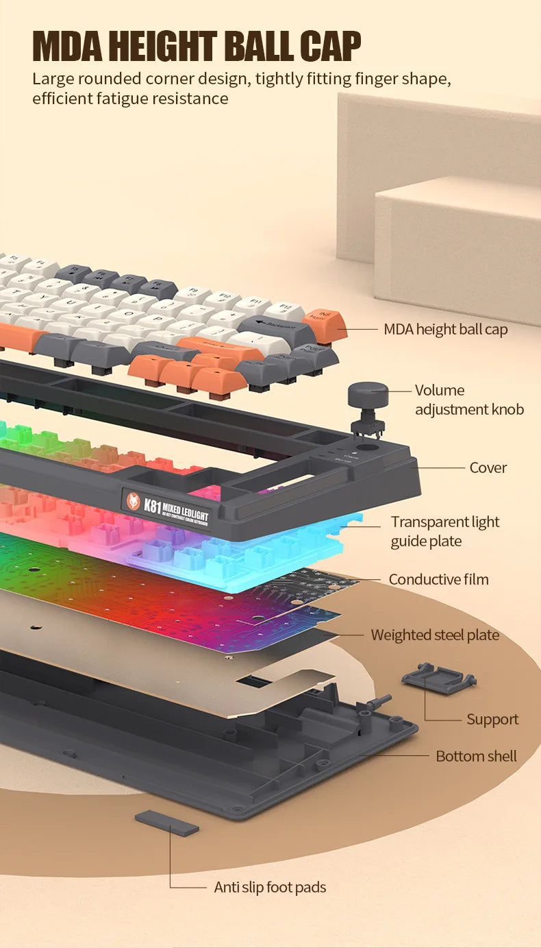 K81 Gaming Keyboard 81-Key 80% Wired RGB Gaming Keyboard with Volume Knob, Ergonomic USB Gaming Keyboard for PC, Laptop, Mac & Multi-Language Layouts
