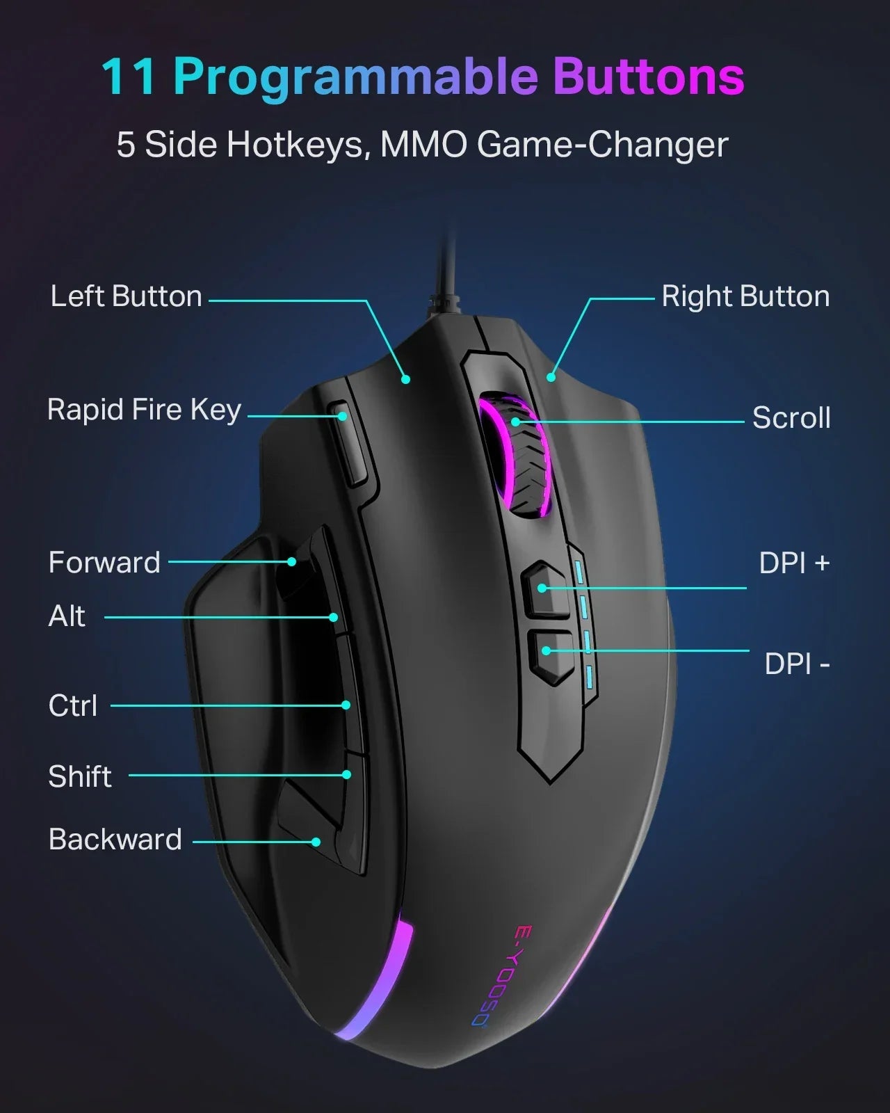E-YOOSO X-41 Pro USB Wired Gaming Mouse, RGB Programmable Gaming Mouse with 12400 DPI, 11 Programmable Buttons, Ergonomic Optical Mouse for PC & Laptop
