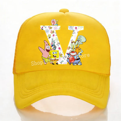 SpongeBobs Baseball Cap Kids Adult Summer Outdoor Sports Sun Hat Child Cute Letter A-Z Sunbonnet Breathable Mesh Headgear Gift