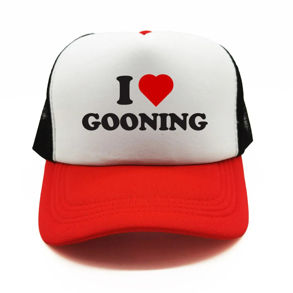 Sjove „I Love Gooning“-baseballkasketter – Cool sommerhat til mænd i netstof – Humoristisk truckerkasket – Unisex udendørs kasketter i netstof – MZ-080