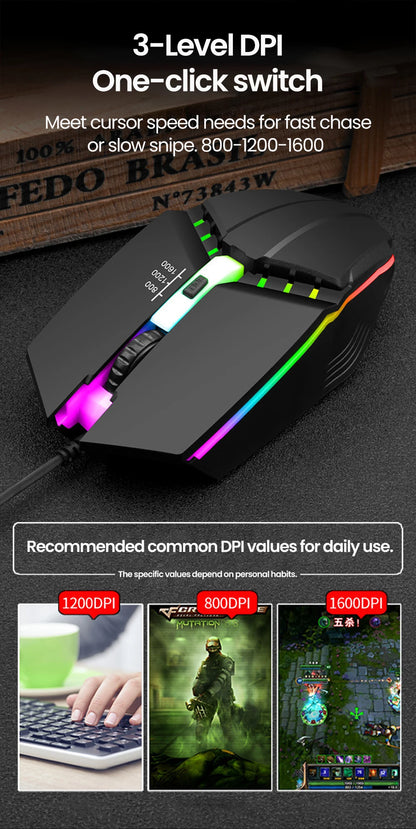 Drôtová USB herná myš RGB BackLight Mute s LED podsvietením, 1600DPI, pre stolný PC, notebook, domácnosť a kanceláriu