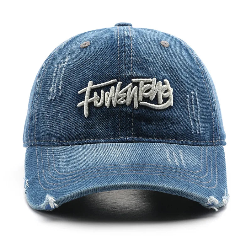 Cappellino da uomo in denim lavato stile retrò giapponese con lettere ricamate, per sport all’aperto, viaggi e protezione dal sole, cappellino da baseball classico, versatile e comodo