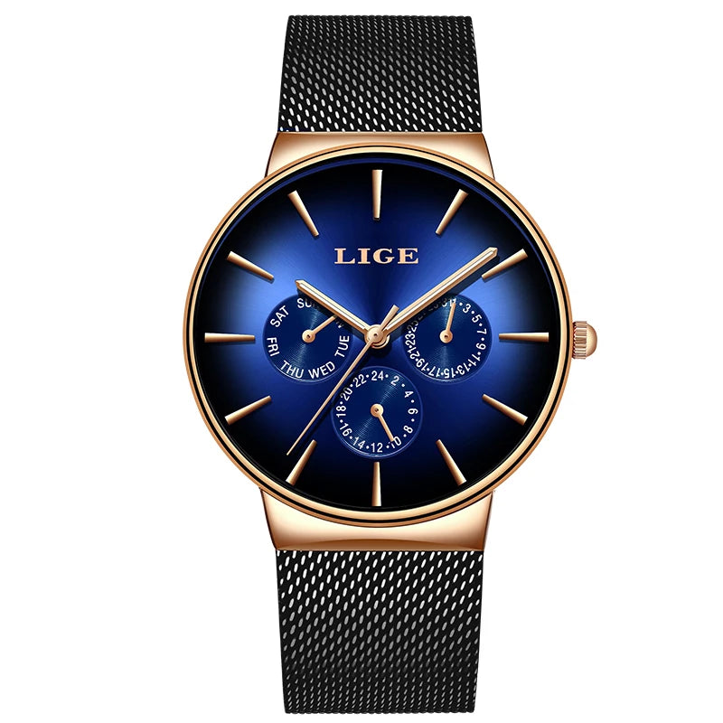 Montre pour femme LIGE, élégante et tendance – Style sport-décontracté, bracelet en maille, mouvement à quartz, affichage de la date et du jour, étanche.