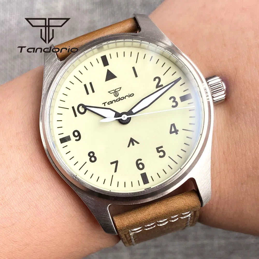 Tandorio Full Luminous Dial 39mm Men's Mechanical Pilot Watch Automatic Miyota 8215 PT5000 Steel Wristwatch AR Sapphire Crystal