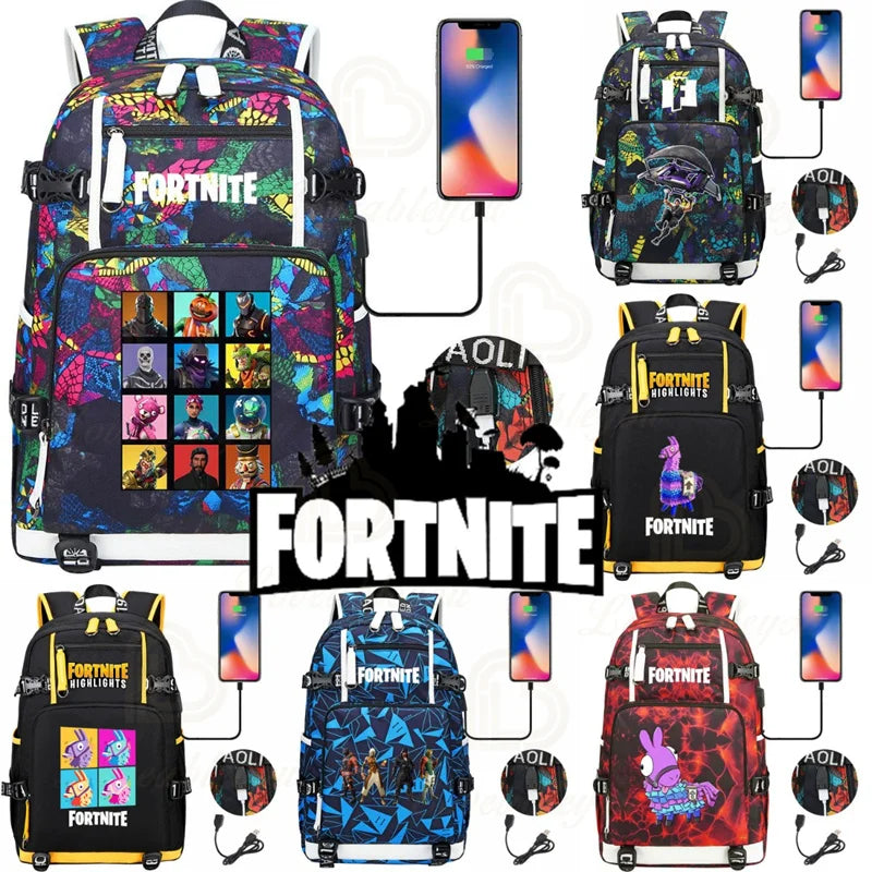 Mochila Red Jade F-Fortnited Battle Royale com carregamento USB, figuras anime e compartimento para material escolar para estudantes