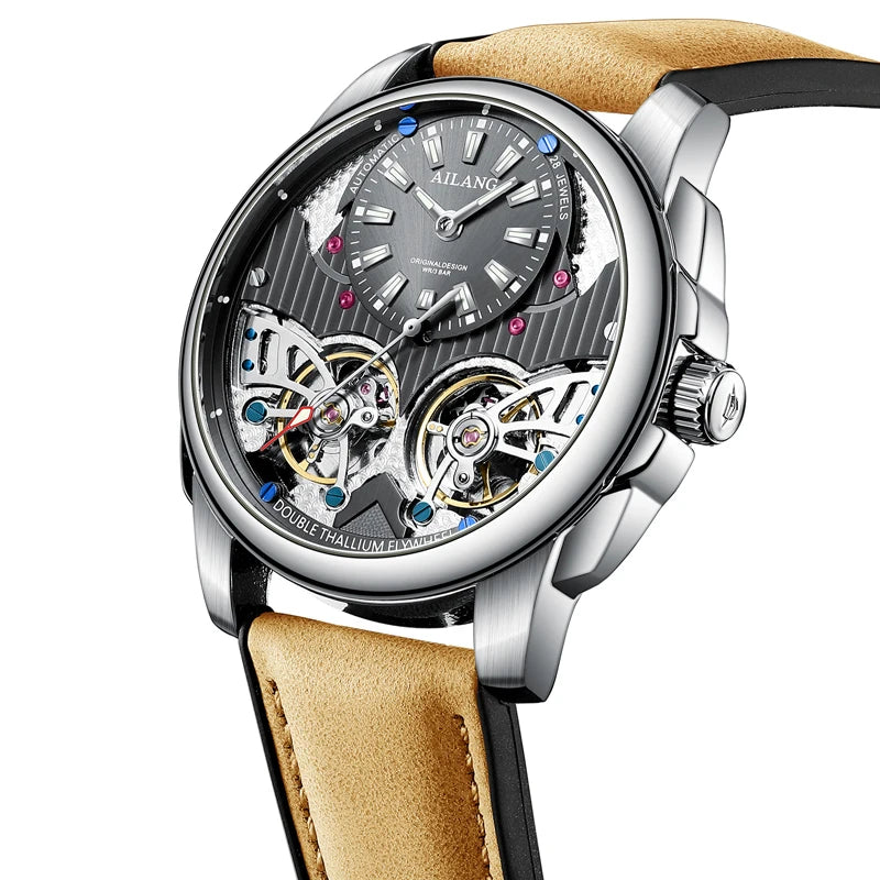 AILANG Automatic Mechanical Waterproof Sport Military Men Watch Luxury Double Tourbillon Man Wristwatch Leather Strap