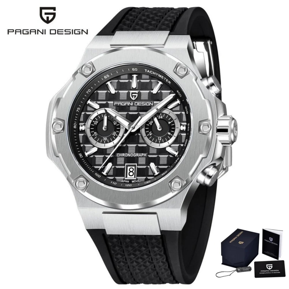 PAGANI DESIGN PD-YS032 Men's Quartz Watch 44mm Japan VK64 Movt Stainless Steel Case Rubber Strap Sapphire Glass 100M Waterproof