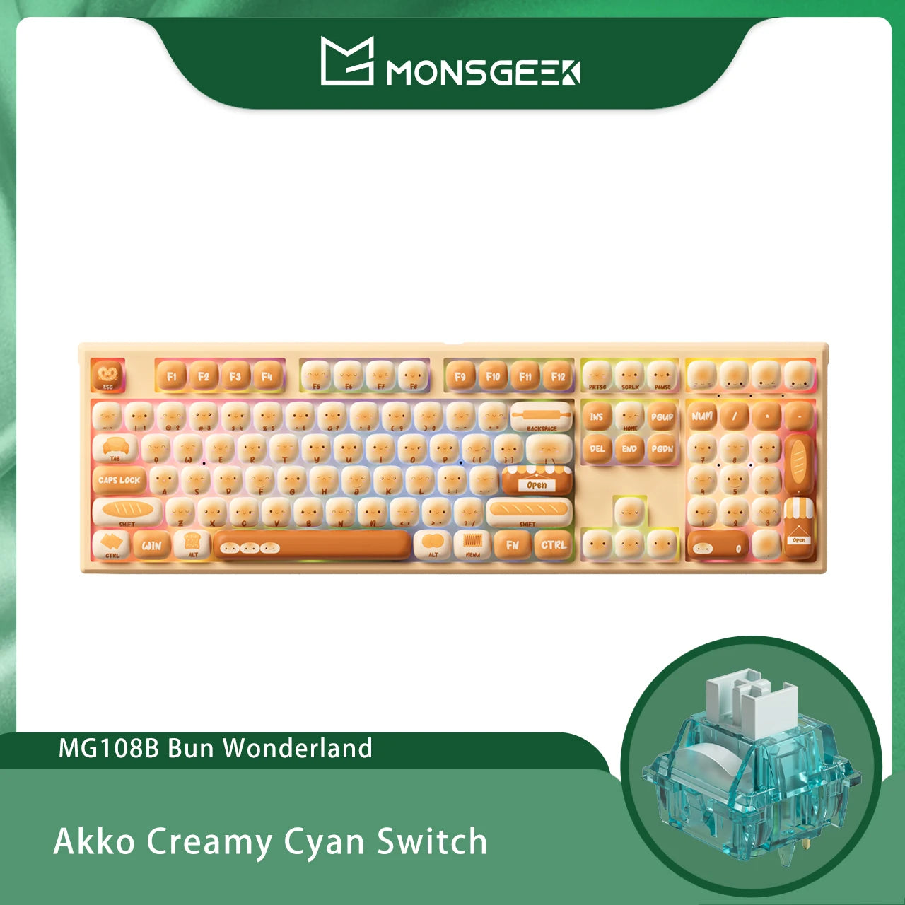 Tastiera meccanica wireless Akko MonsGeek MG108B Bun Wonderland, profilo MOG, RGB, 108 tasti, formato full size, hot swap, USB / 2.4G / BT 5.0
