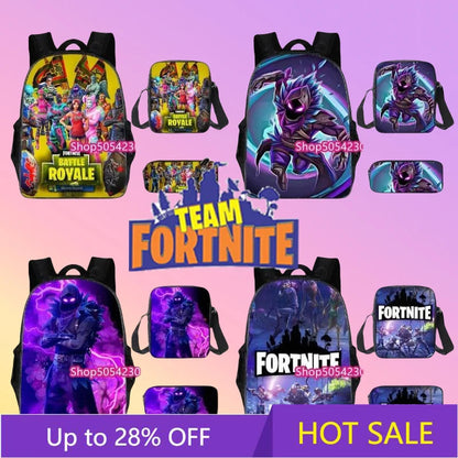 Conjunto de Mochila Fortnited 3PCS para Adolescentes e Estudantes, Saco de Viagem Fortress Night, Mochila Escolar 3D de Jogos Populares