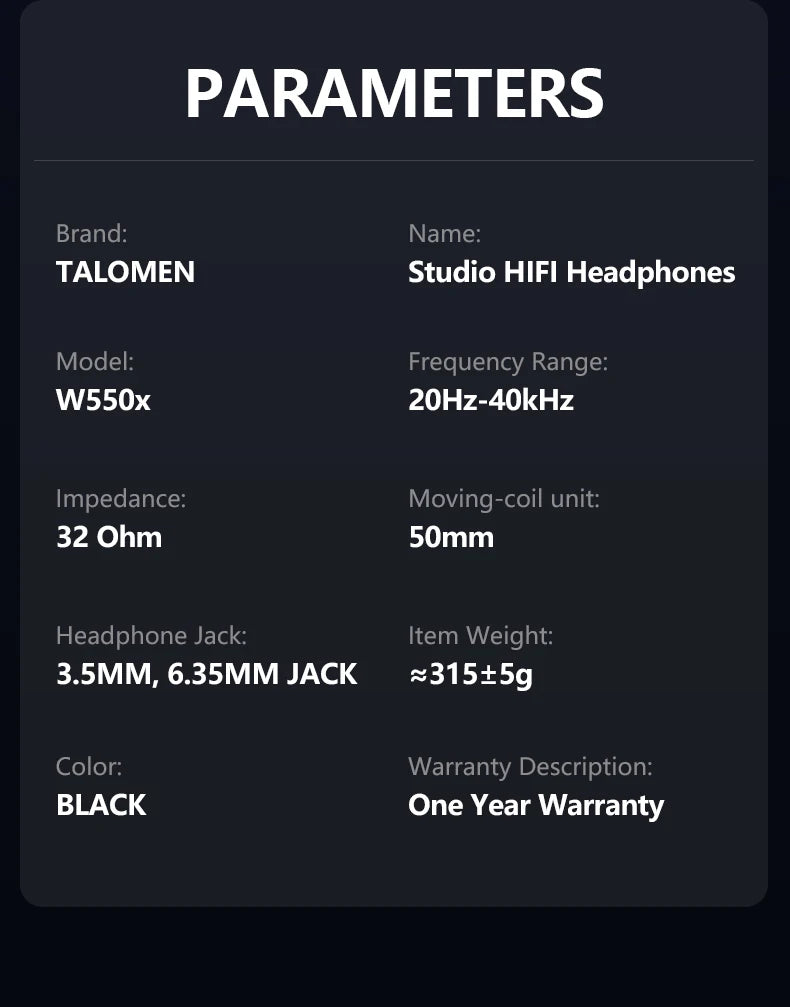 TALOMEN W550x Studio Headphones – Professional Wired Over-Ear DJ Monitor Headphones with 50mm Drivers & Detachable Cable